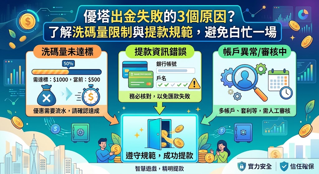 優塔出金失敗的3個原因？了解洗碼量限制與提款規範，避免白忙一場